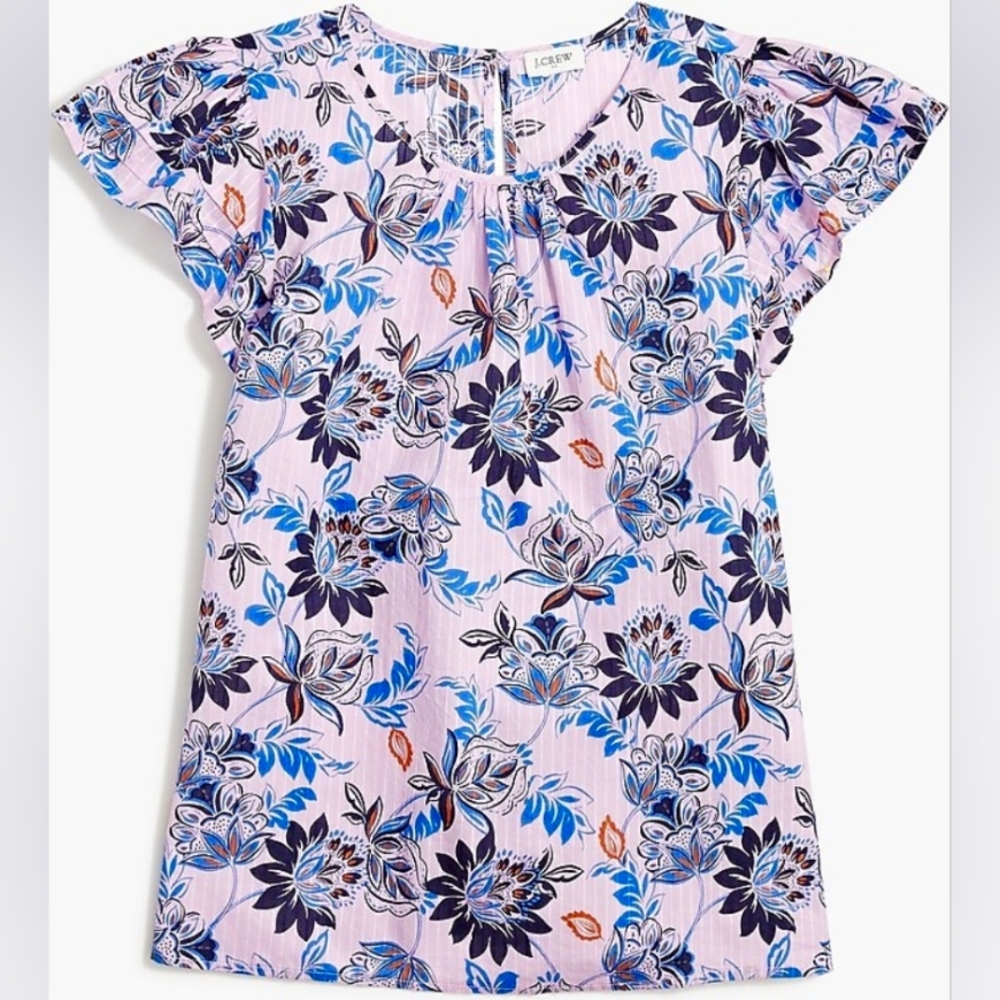 J. Crew 100% Cotton Purple Blue Floral Pintuck Flutter Cap Sleeve Blouse Medium